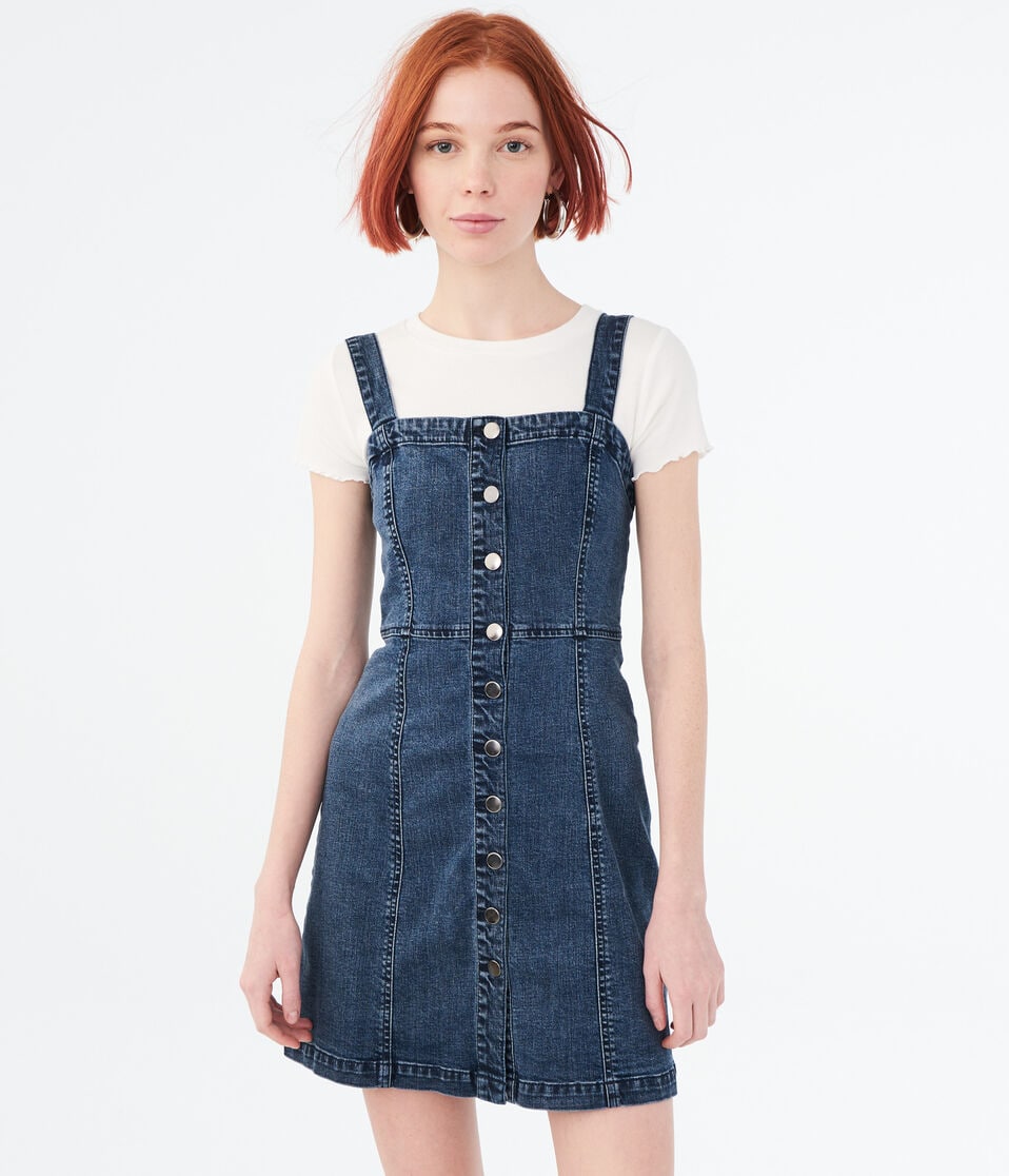 Solid Button-Front A-Line Denim Dress Solid Button-Front A-Line Denim Dress