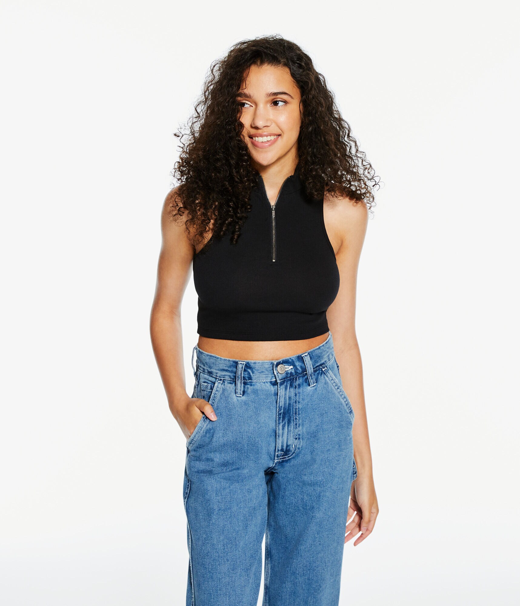 Zippered Mock-Neck Cropped Tank