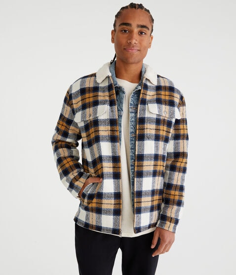Plaid Sherpa-Lined Full-Zip Shacket Plaid Sherpa-Lined Full-Zip Shacket