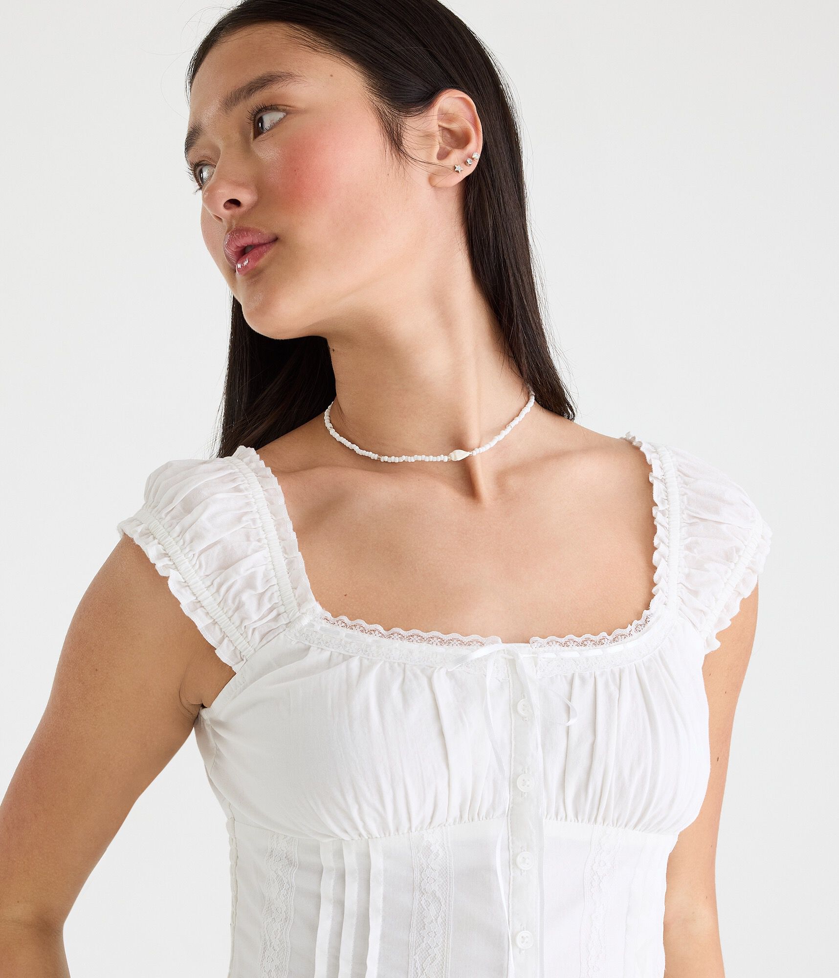 Pintuck &amp; Lace Scoop-Neck Corset Top