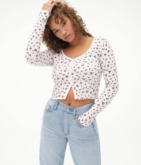 Long Sleeve Floral Button-Front Crop Top Long Sleeve Floral Button-Front Crop Top