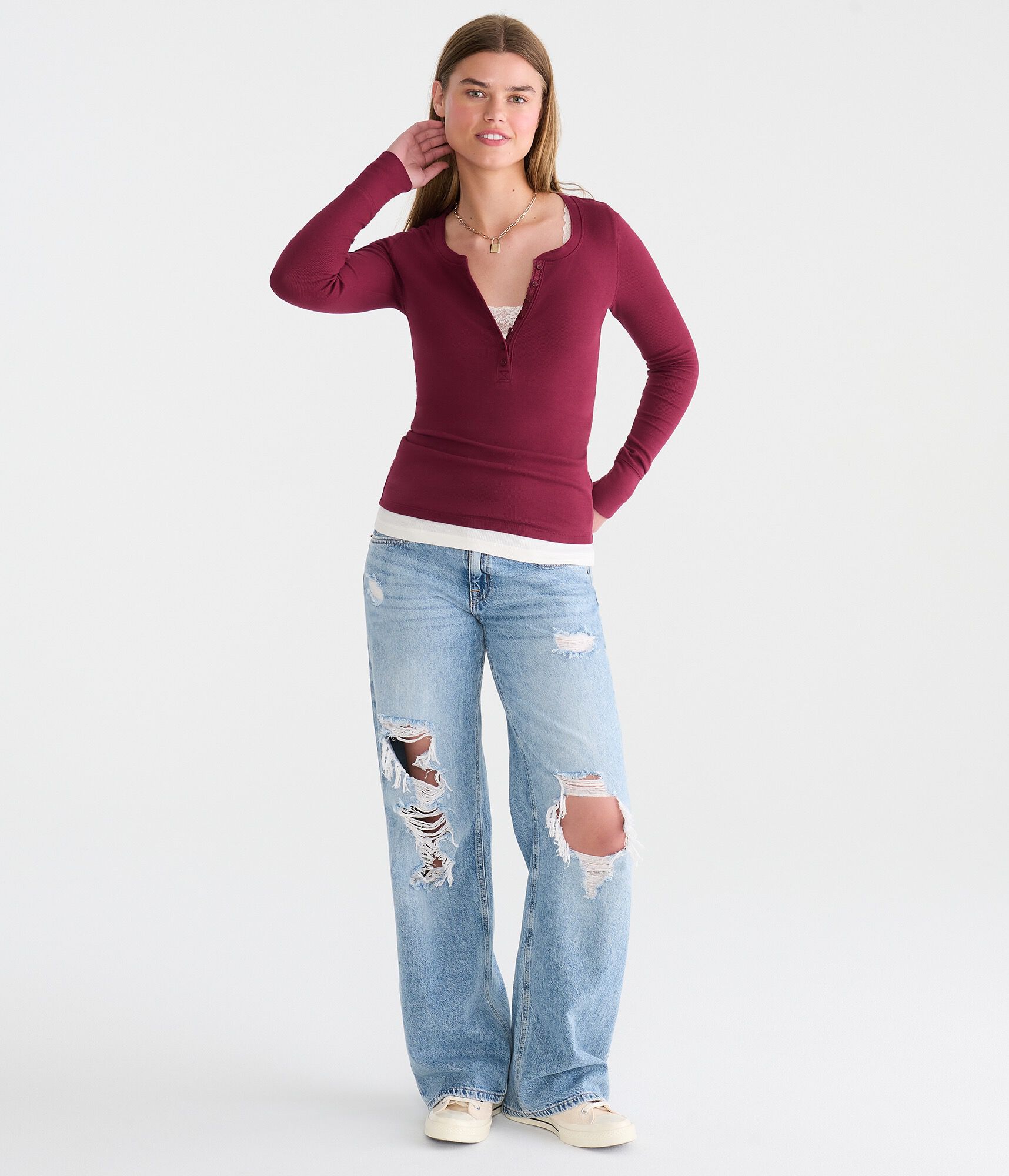 Long Sleeve Solid Ribbed Henley