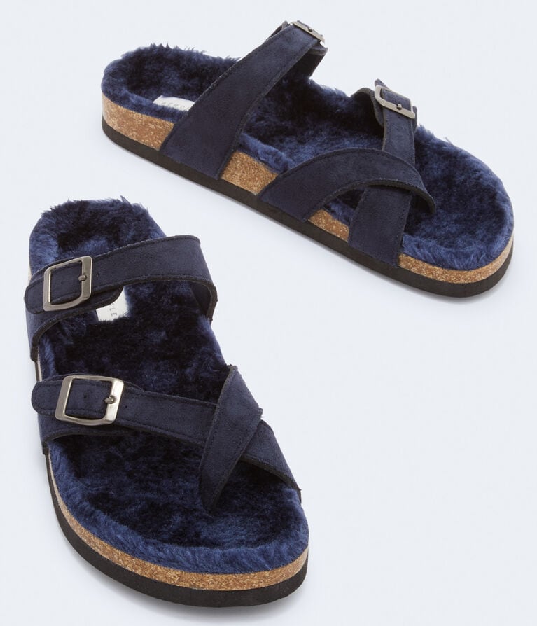 Faux Fur Crisscross Cork Slide Sandal