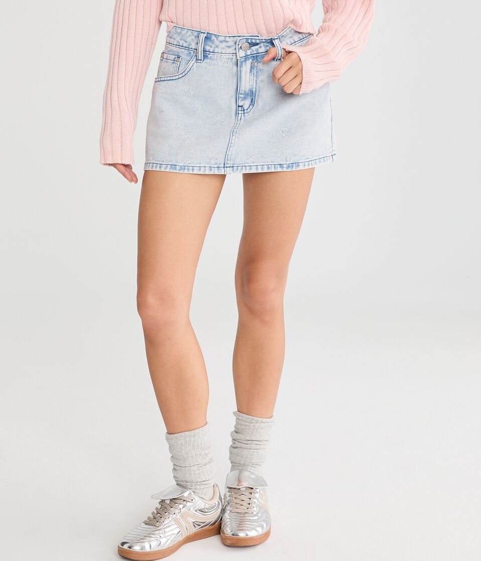 Rhinestone Hearts Low-Rise Denim Mini Skirt