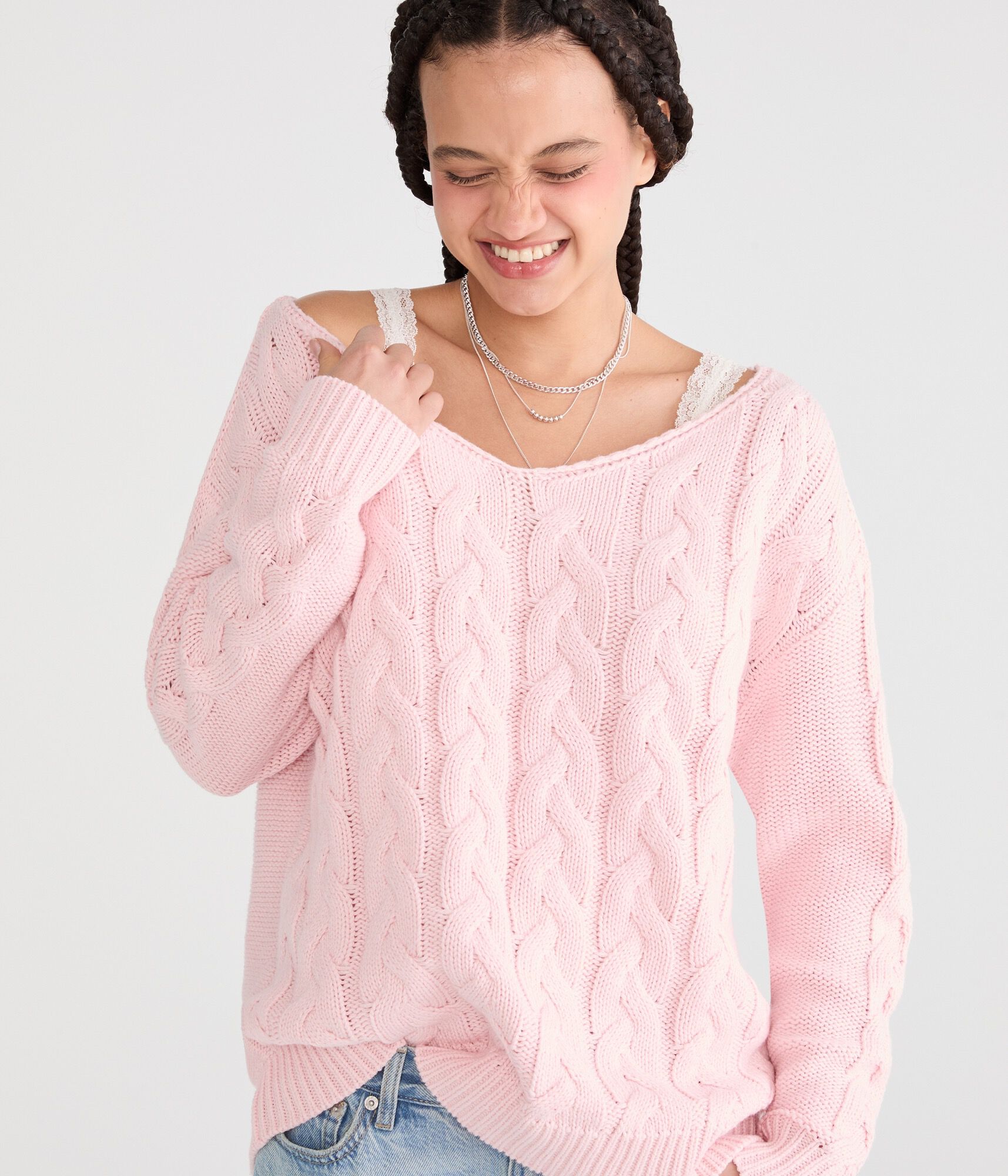 Slouchy Cable Knit V-Neck Sweater