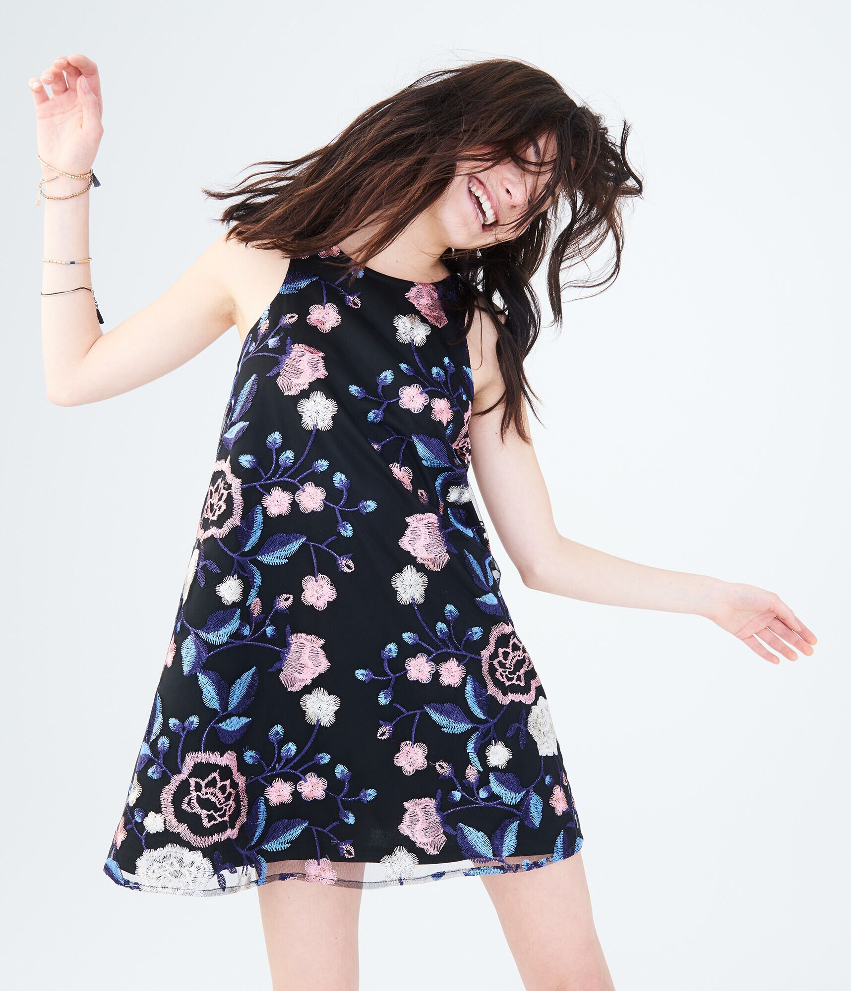 Floral Embroidered Tie-Back Shift Dress