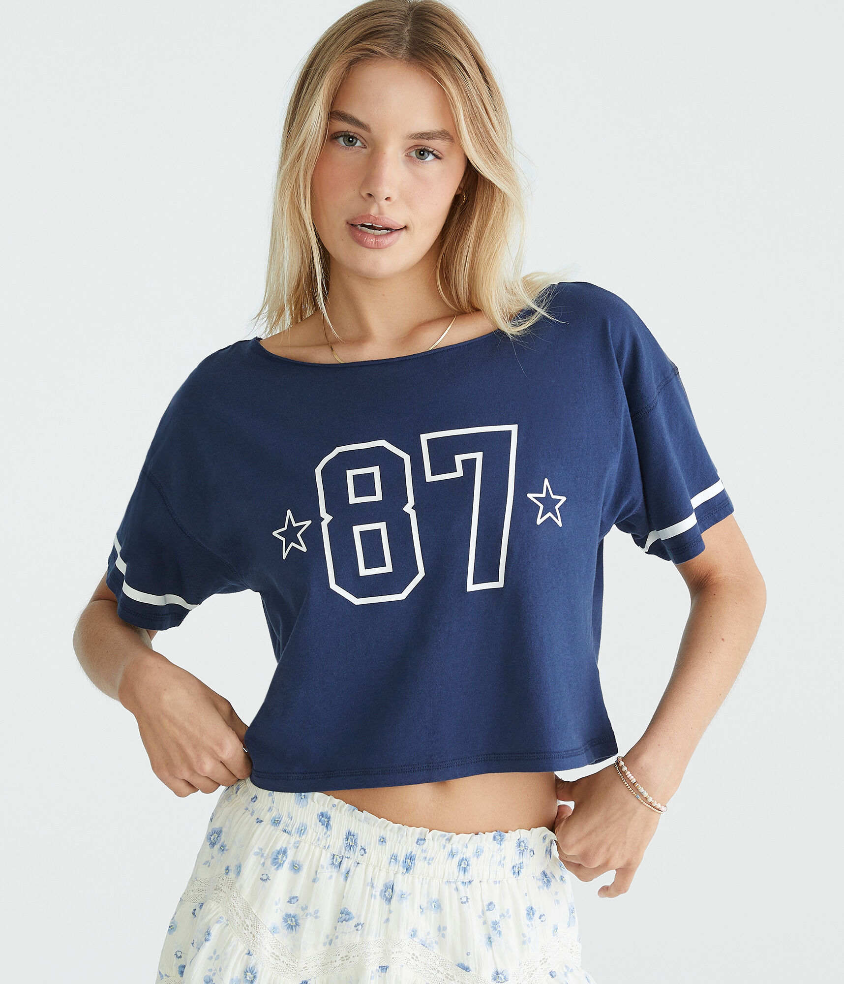 Number 87 Off-The-Shoulder Cropped Boyfriend Graphic Tee
