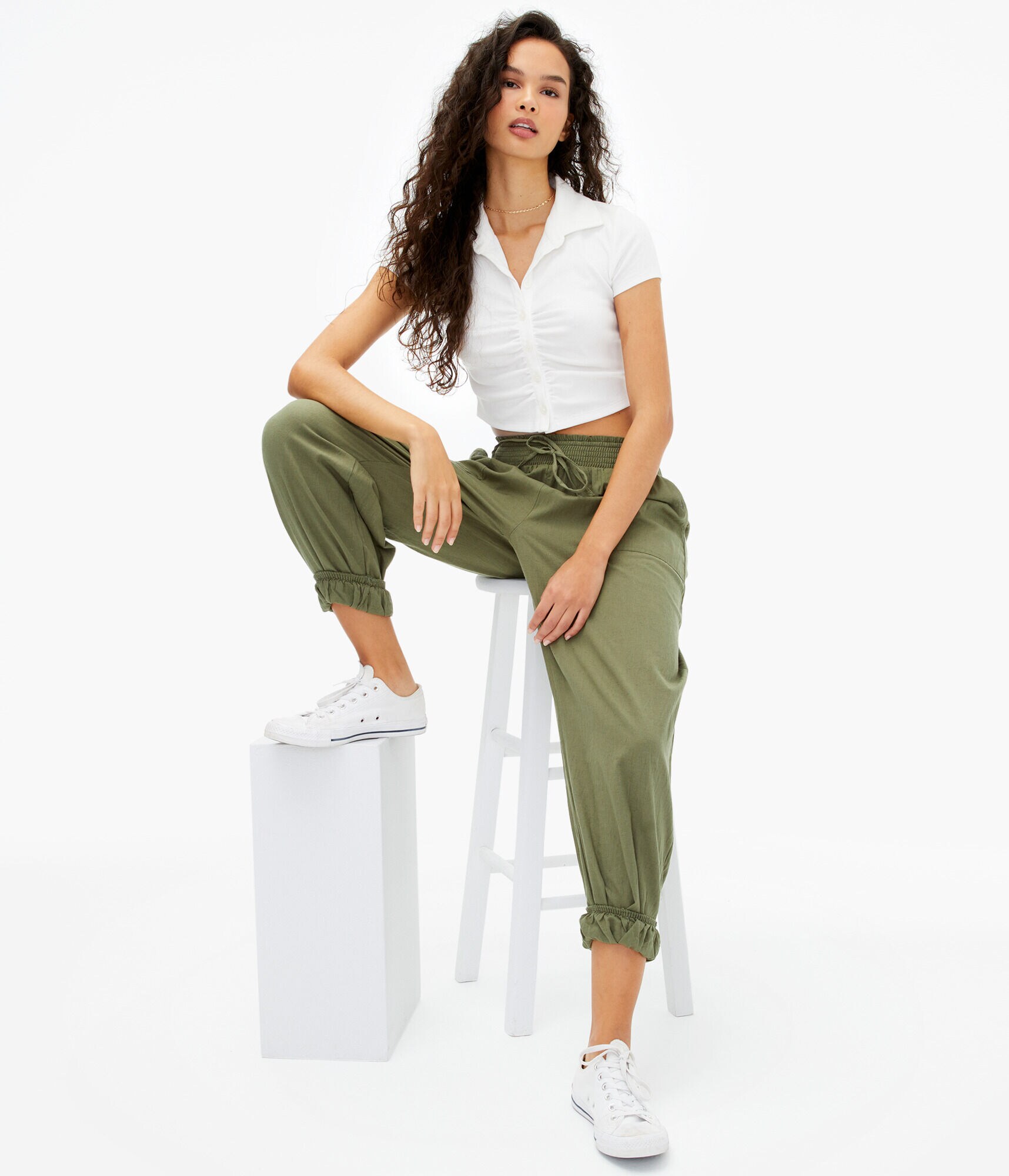 Ruched Button-Front Cropped Polo