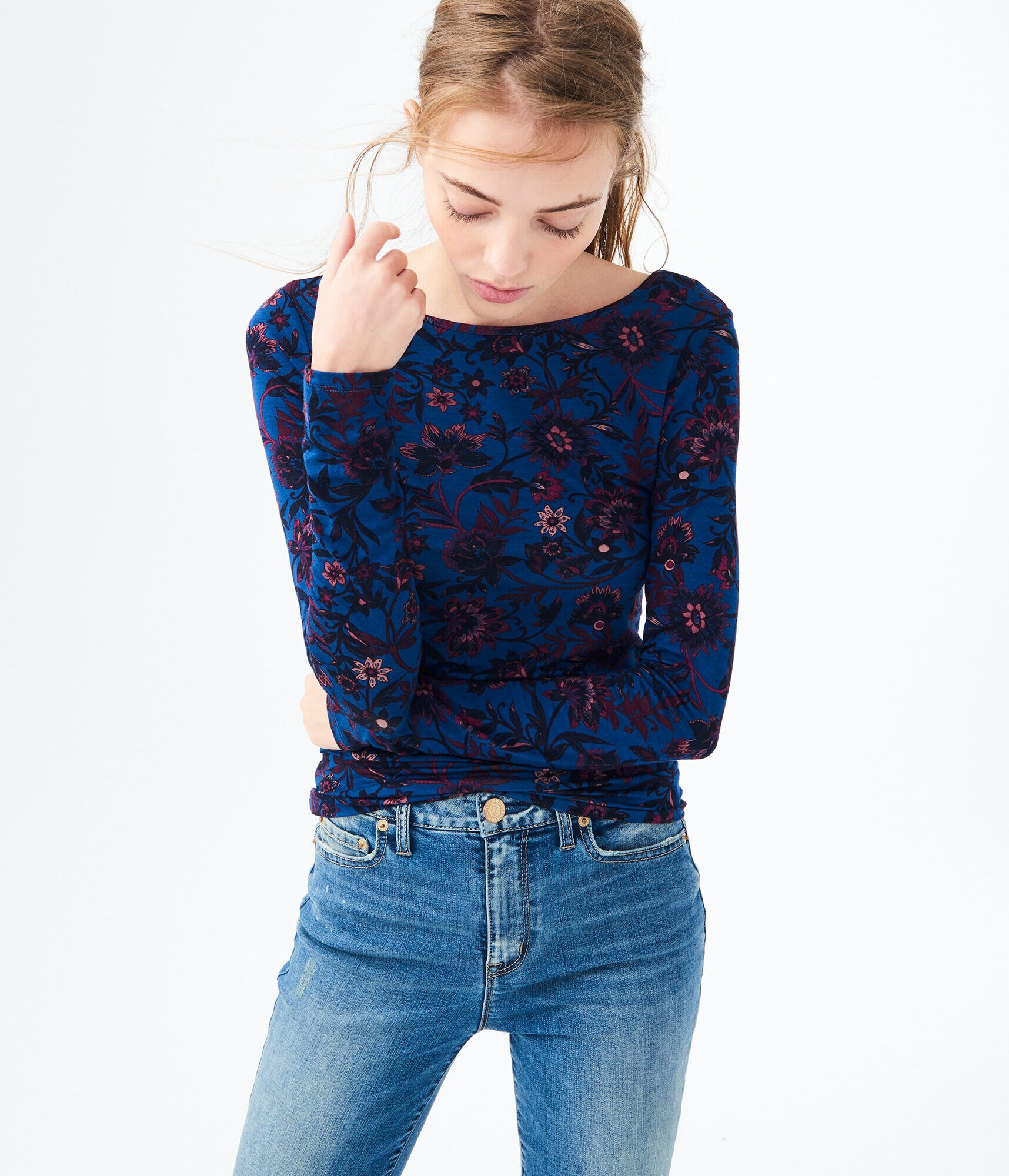 Long Sleeve Floral Lattice-Back Top