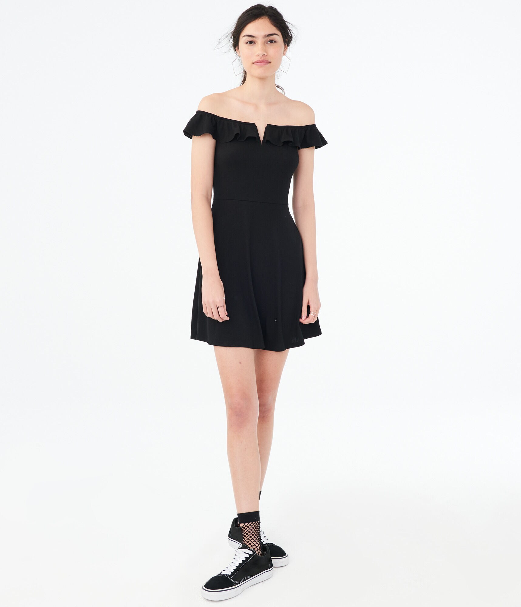 Solid V-Wire Off-The-Shoulder Fit &amp; Flare Dress***