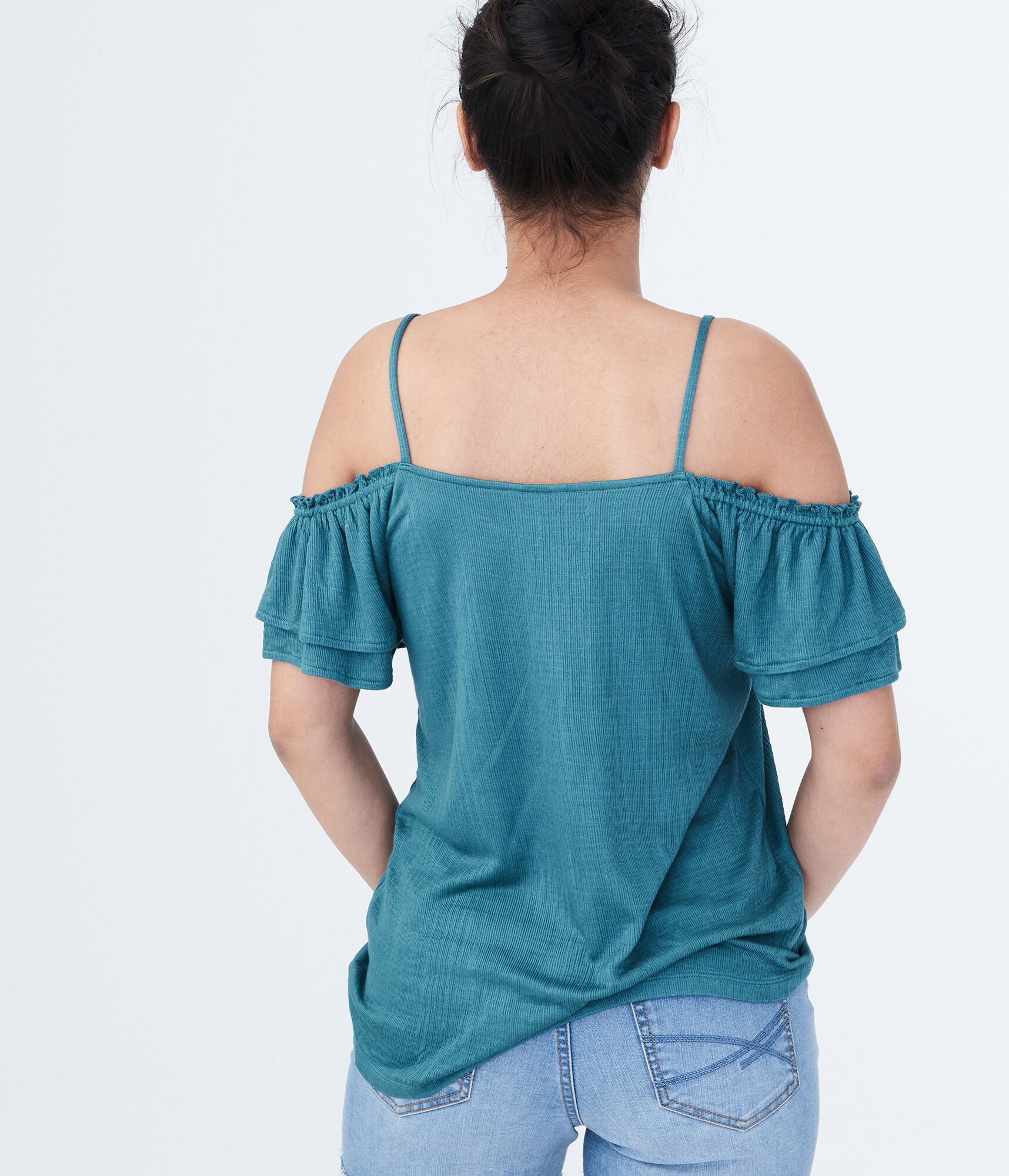 Solid Textured Cold-Shoulder Top