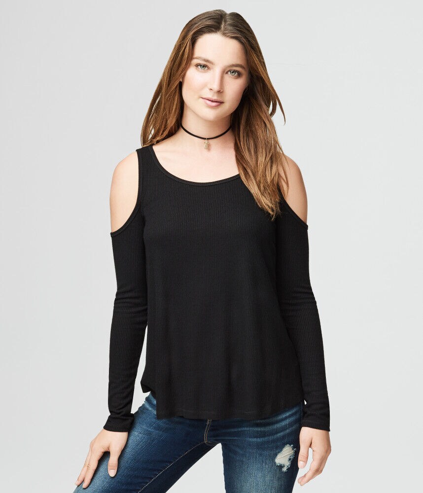 Long Sleeve Ribbed Cold-Shoulder Top