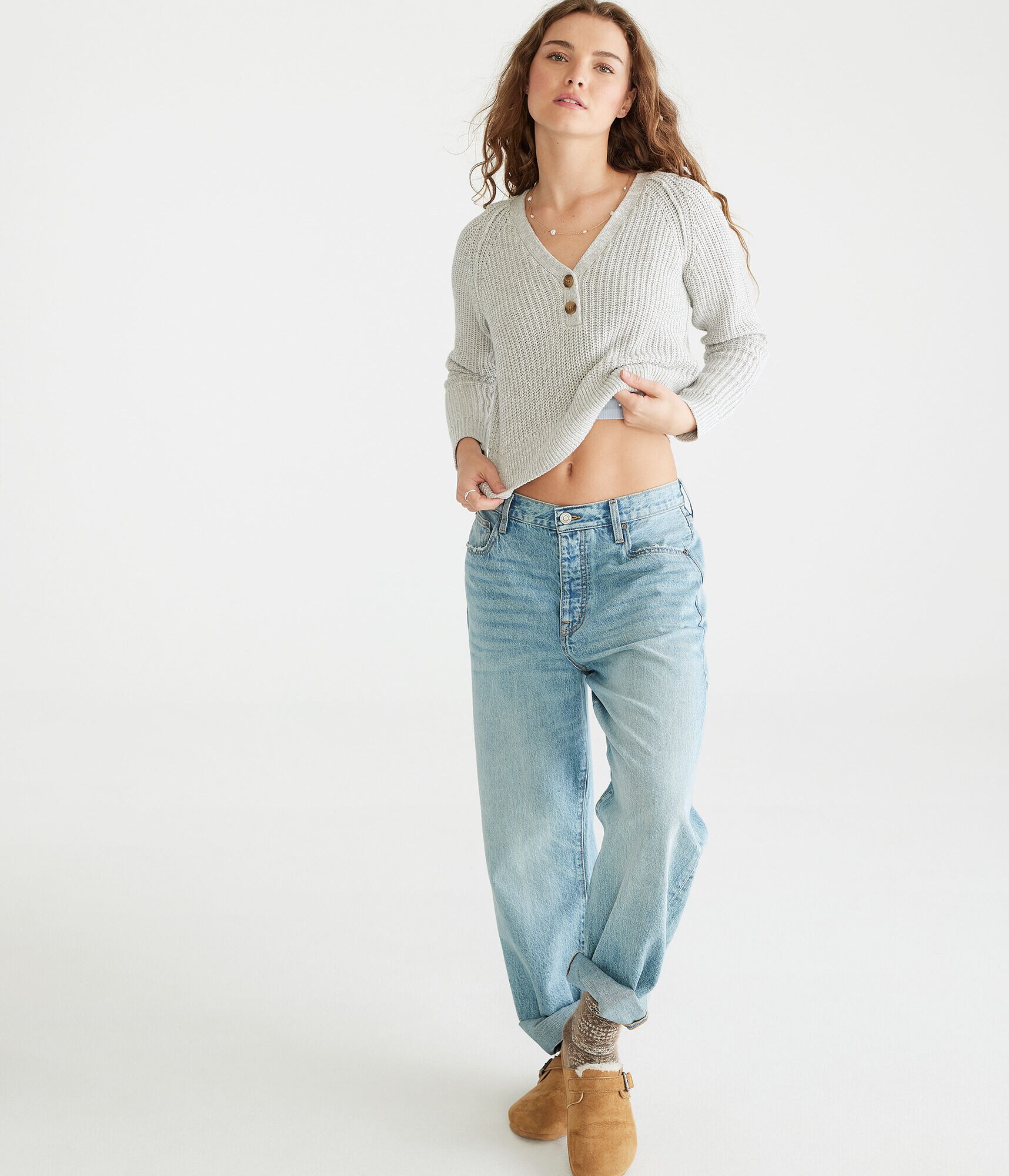 Ribbed Cropped V-Neck Henley Sweater