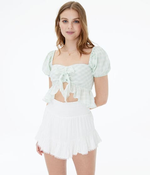 Gingham Puff Sleeve Crop Top