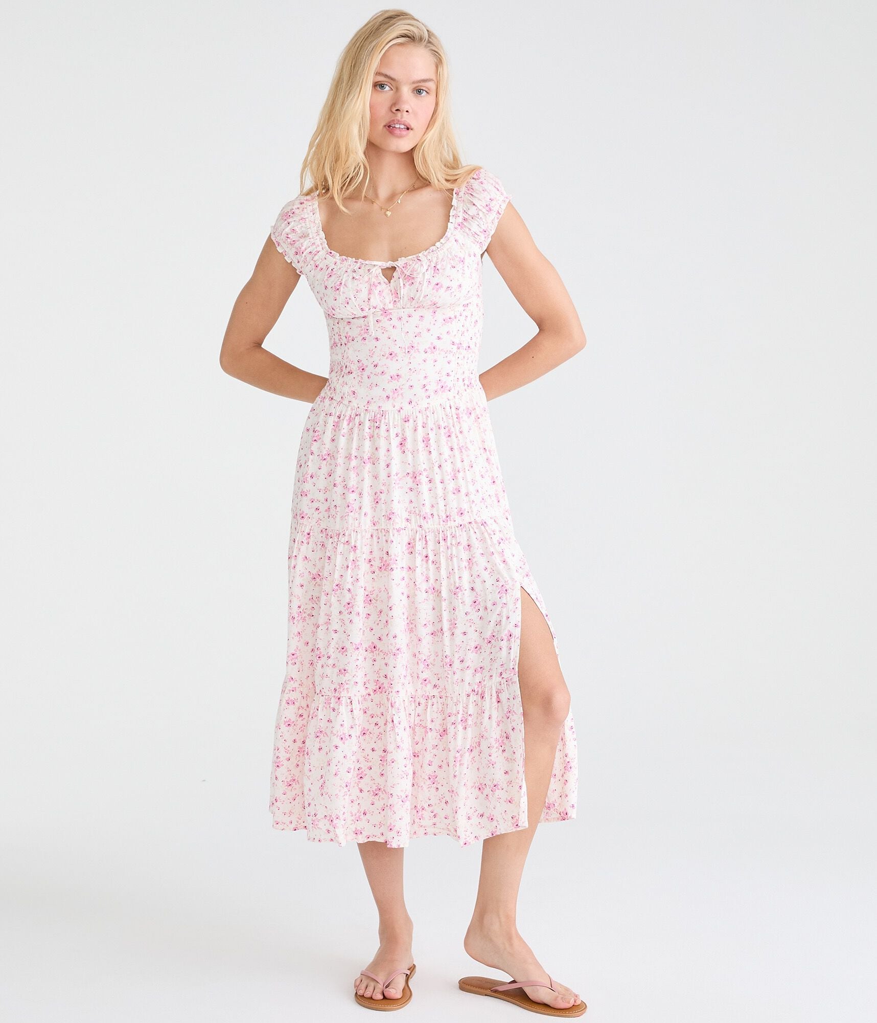 Floral Square-Neck Tiered Midi Dress