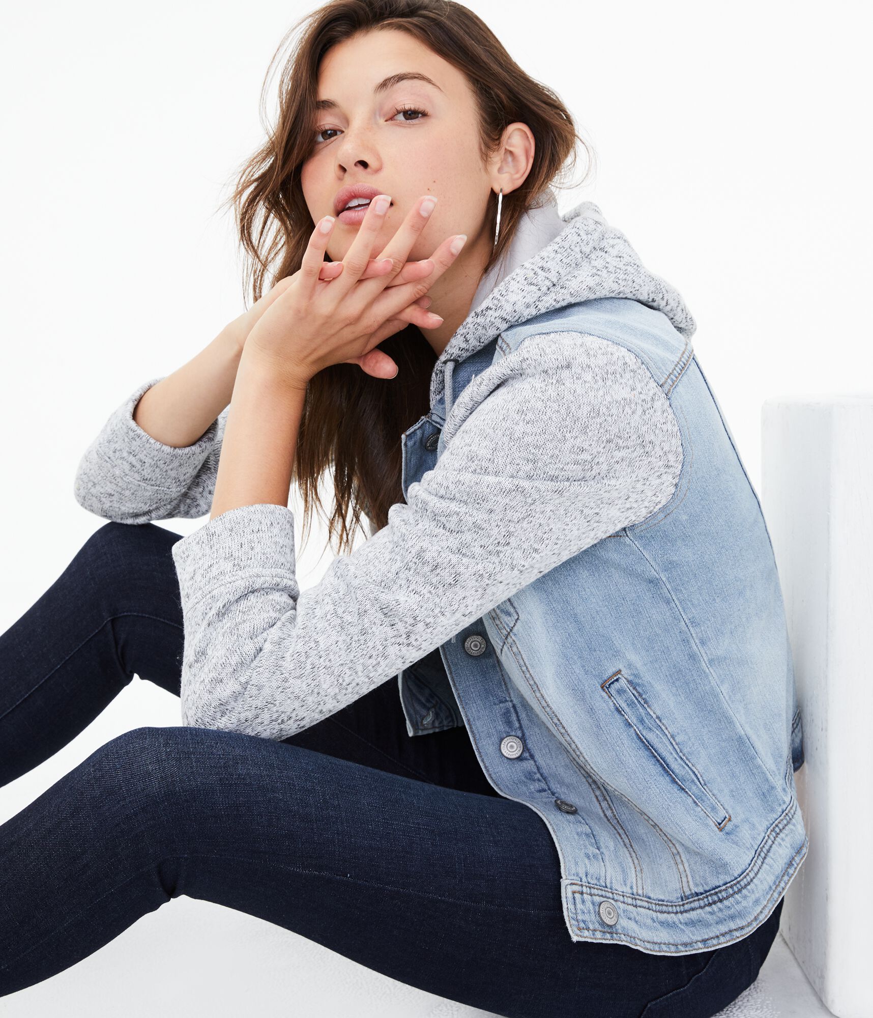 Light Wash Denim & Fleece Hooded Jacket