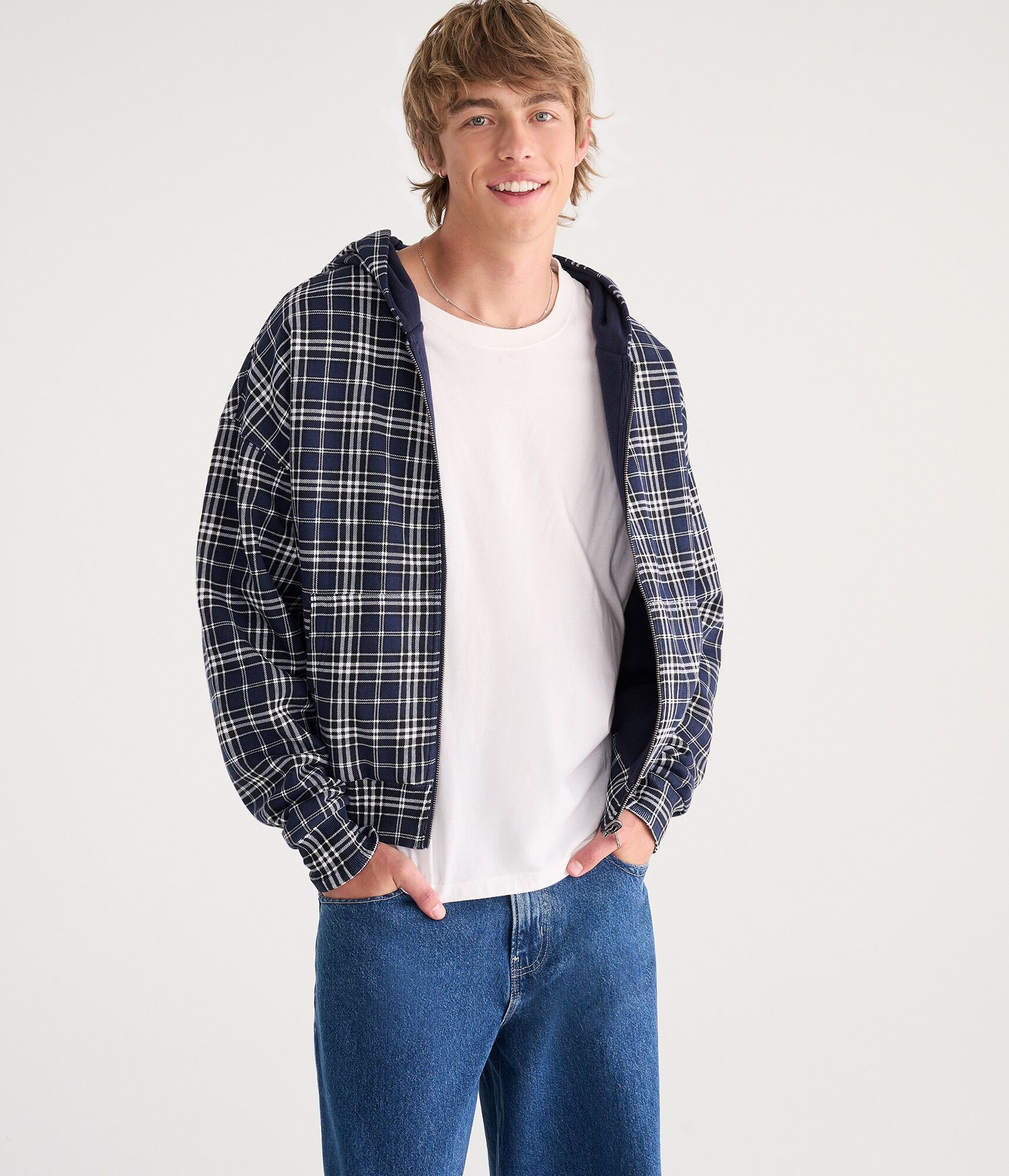 Cloud Soft Plaid Reversible Boxy Full-Zip Hoodie