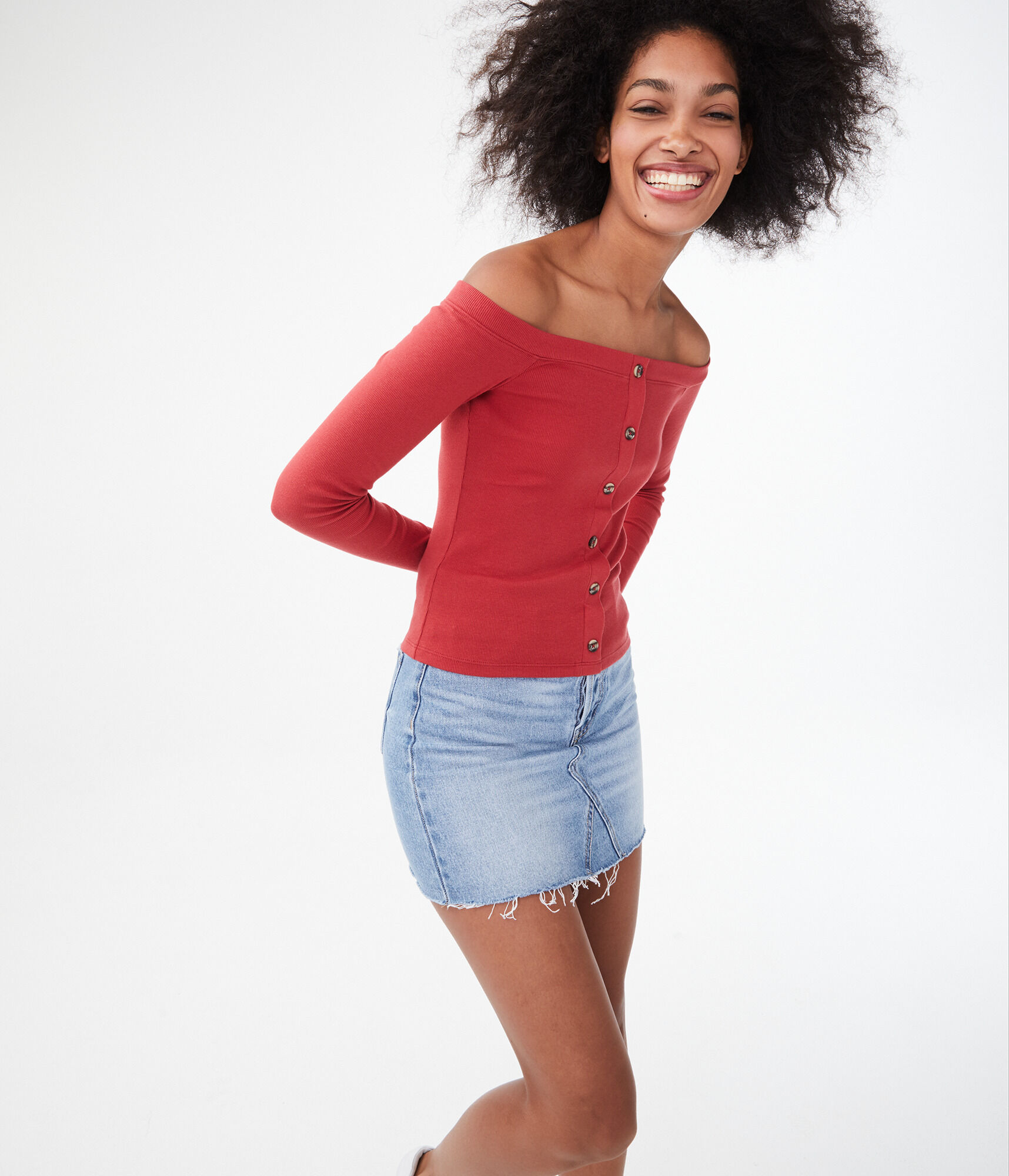 Seriously Soft Button-Front Off-The-Shoulder Top***