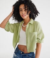 Long Sleeve Gauzy Oversized Cropped Shirt