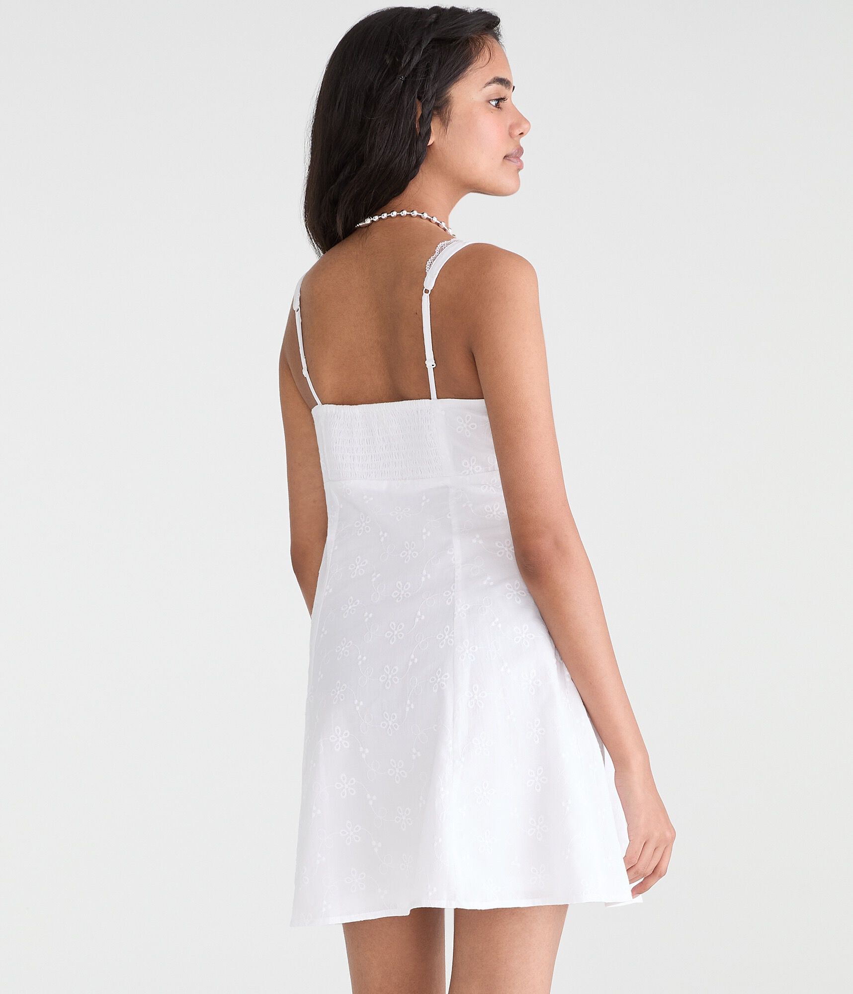 Solid Scoop-Neck Eyelet A-Line Mini Dress