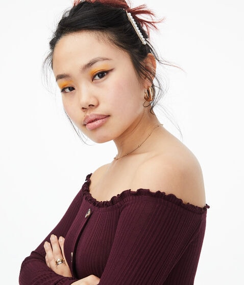 Long Sleeve Seriously Soft Buttoned Off-The-Shoulder Bodycon Top Long Sleeve Seriously Soft Buttoned Off-The-Shoulder Bodycon Top