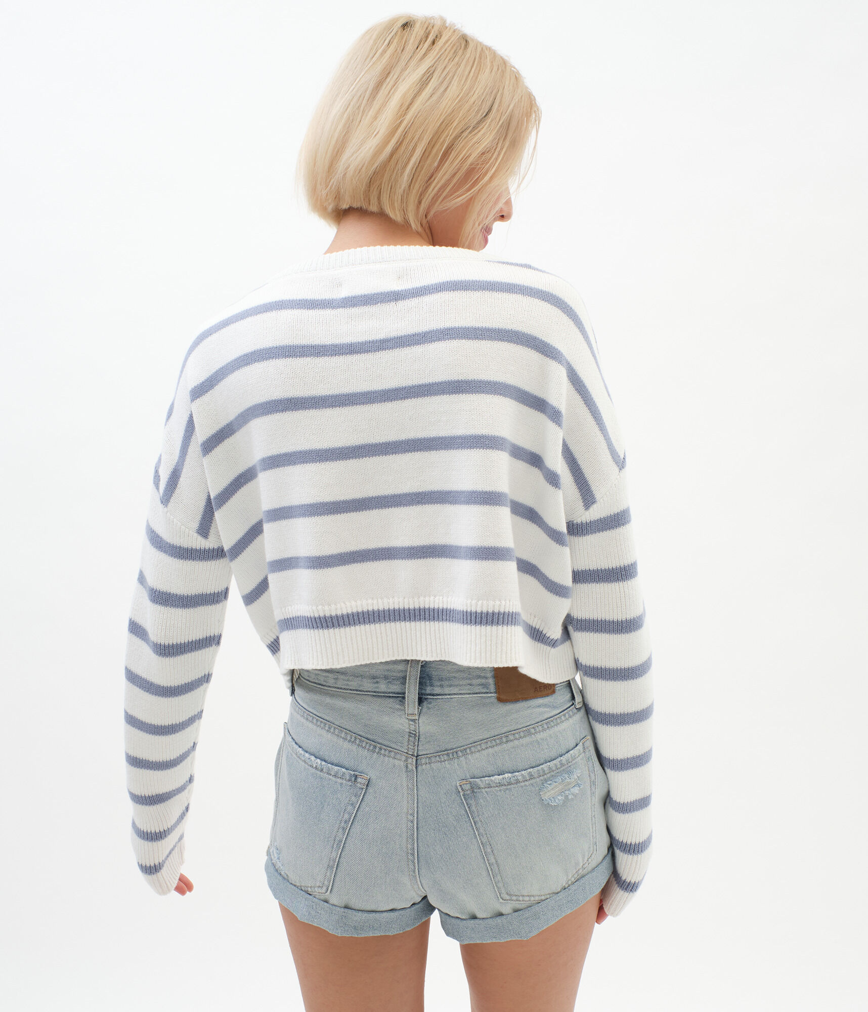 Striped V-Neck Cropped Henley Sweater***