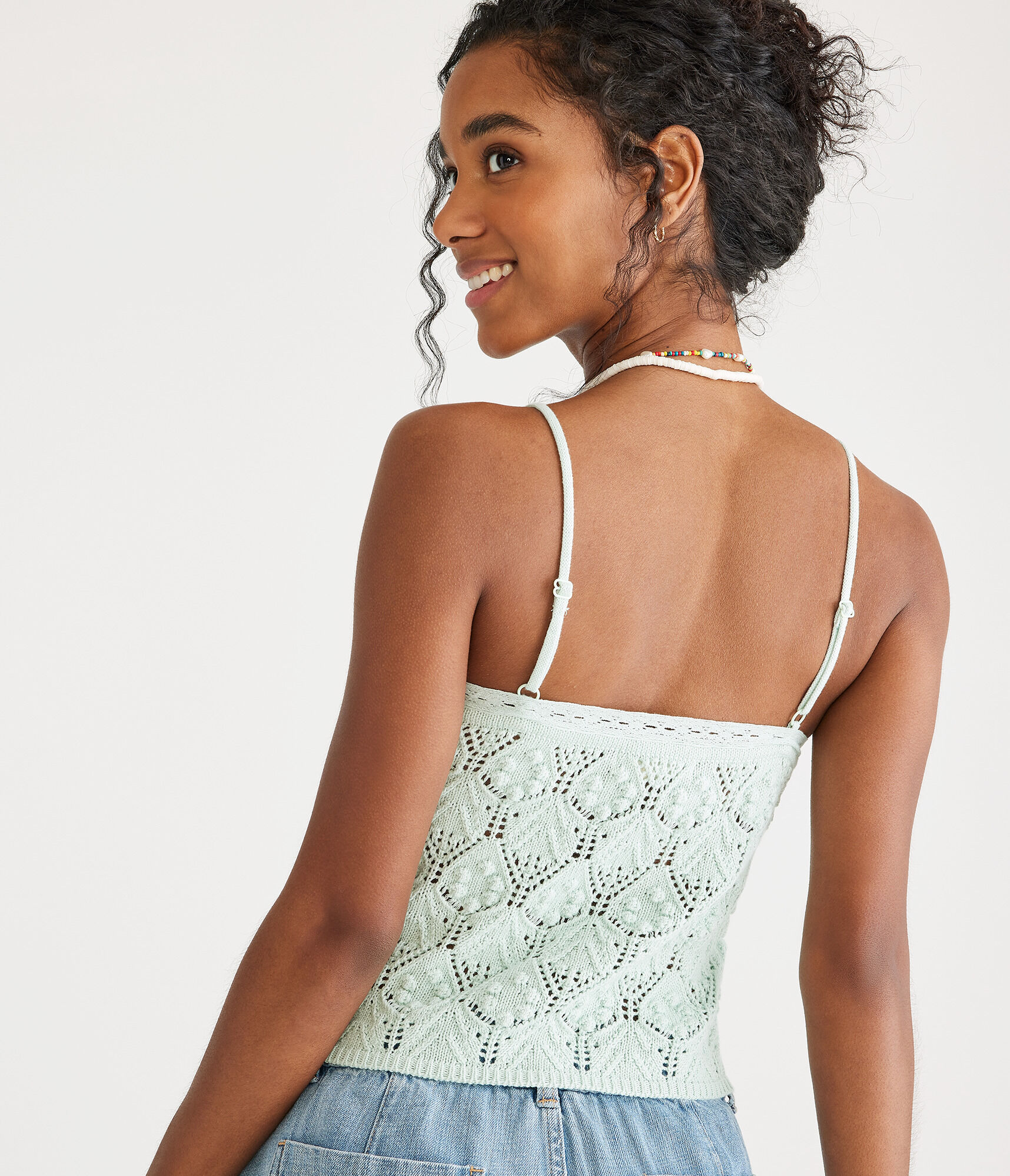 Crocheted Button-Front Cropped V-Neck Tank