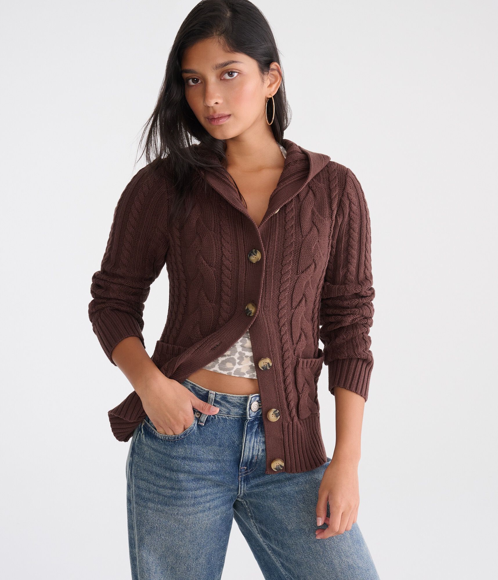 Hooded Button-Front Cable Cardigan