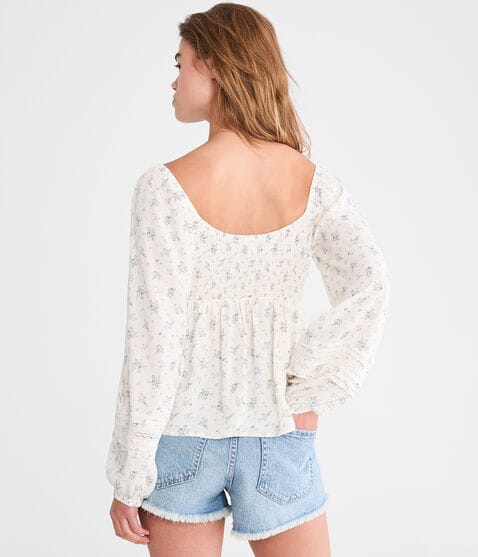 Long Sleeve Floral Lace & Pleats V-Neck Peasant Top Long Sleeve Floral Lace & Pleats V-Neck Peasant Top