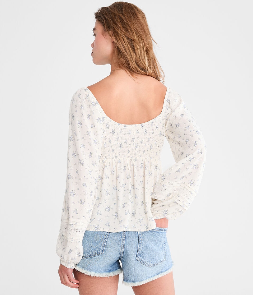 Long Sleeve Floral Lace & Pleats V-Neck Peasant Top