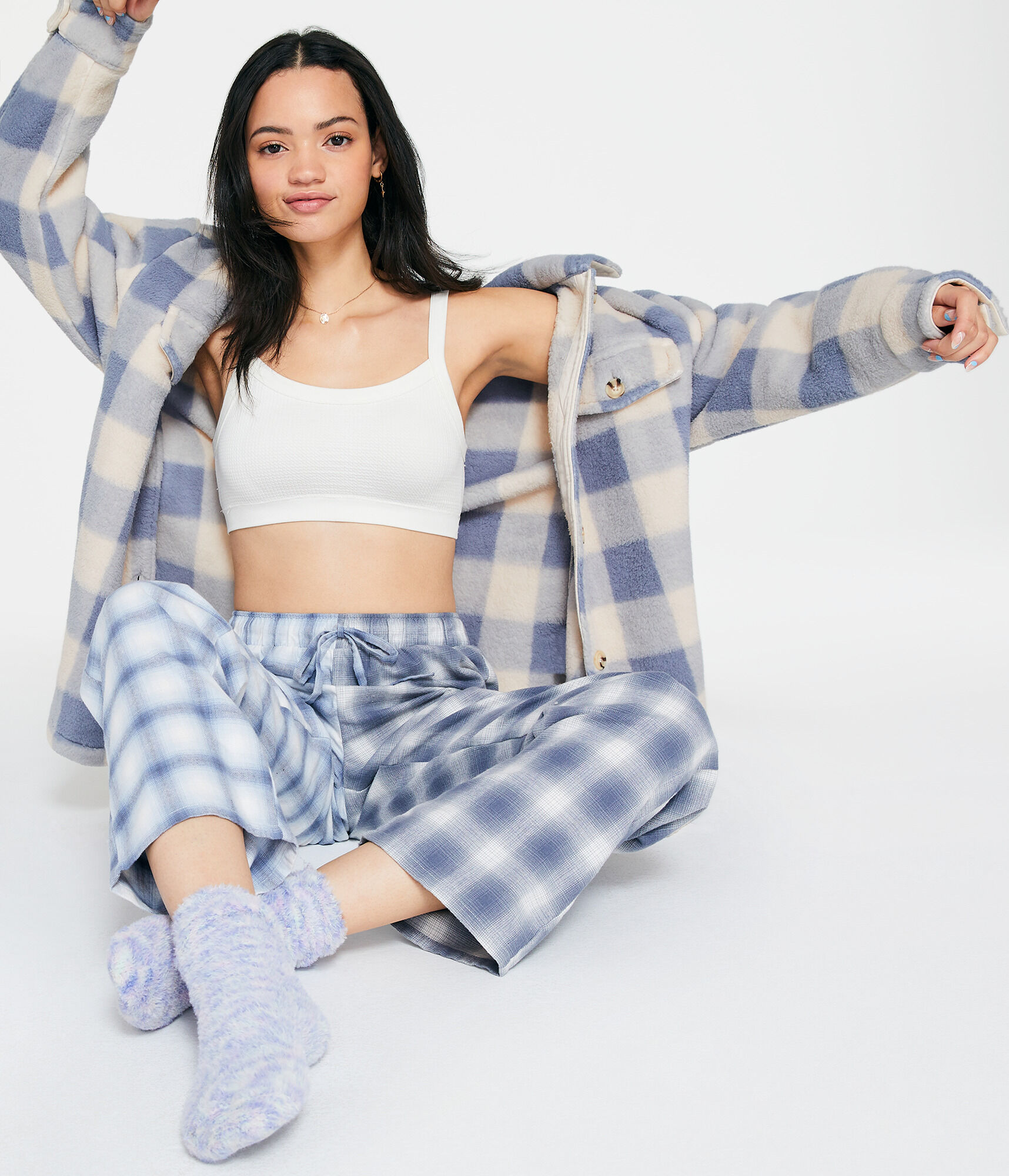 Mixed Plaid Mid-Rise Flannel Sleep Pants