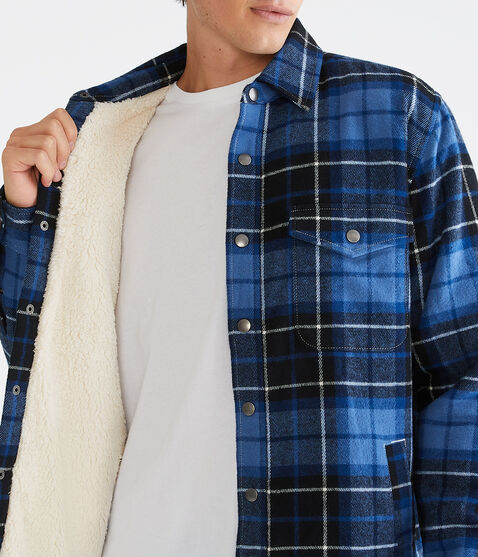 Plaid Flannel Sherpa-Lined Shacket Plaid Flannel Sherpa-Lined Shacket