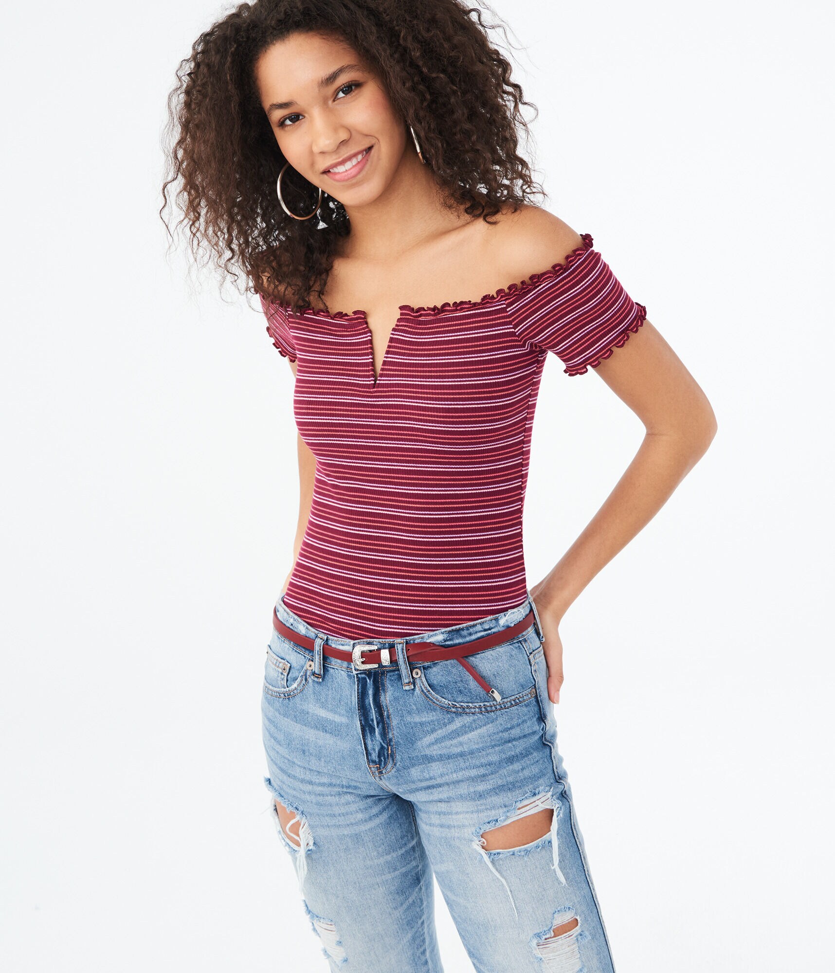 Striped Lettuce-Trim V-Wire Off-The-Shoulder Top