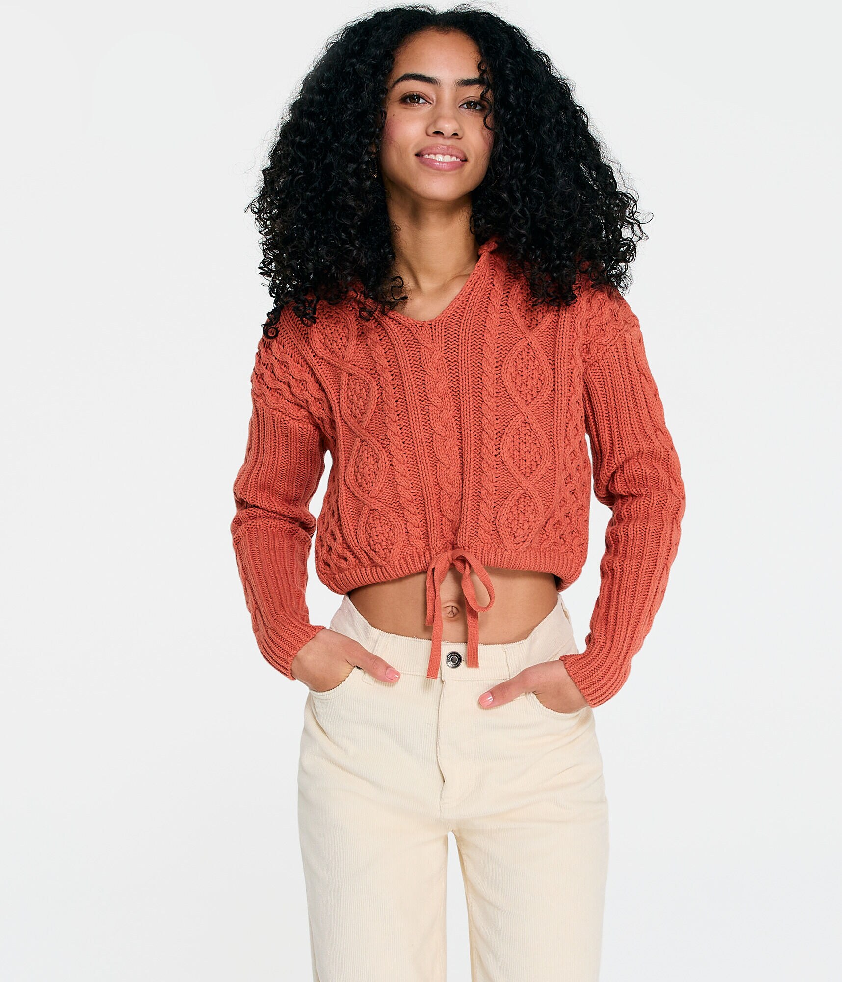 Hooded Cable-Knit Cropped Sweater