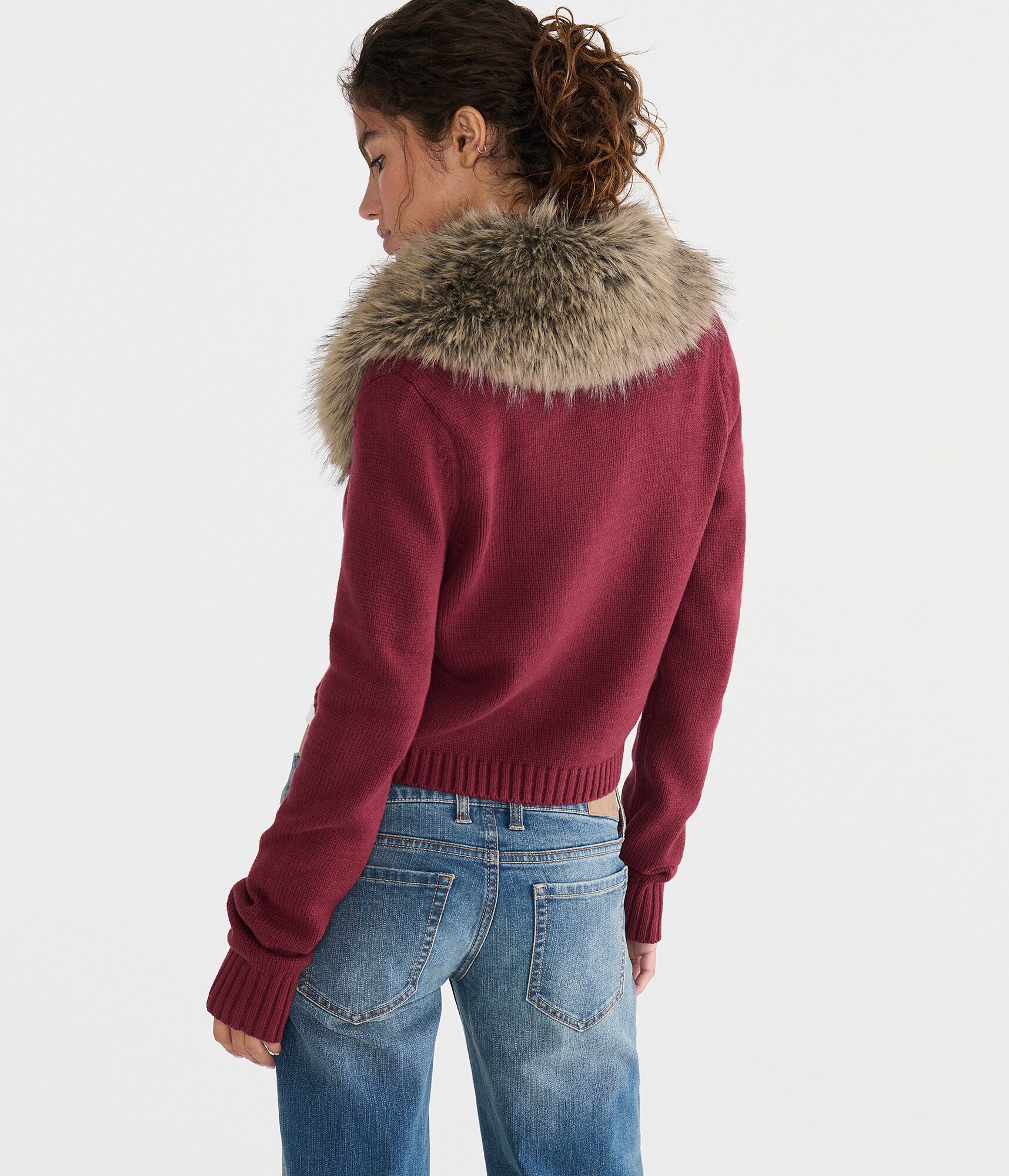 Long Sleeve Faux Fur-Trimmed Sweater Shrug