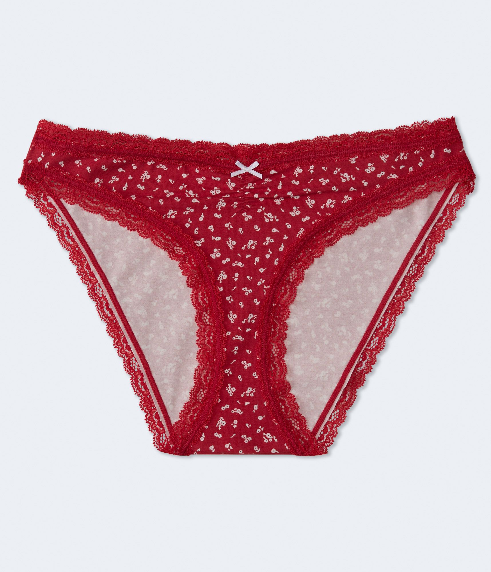 Cotton Floral Cinched Lace-Trim Low-Rise Bikini