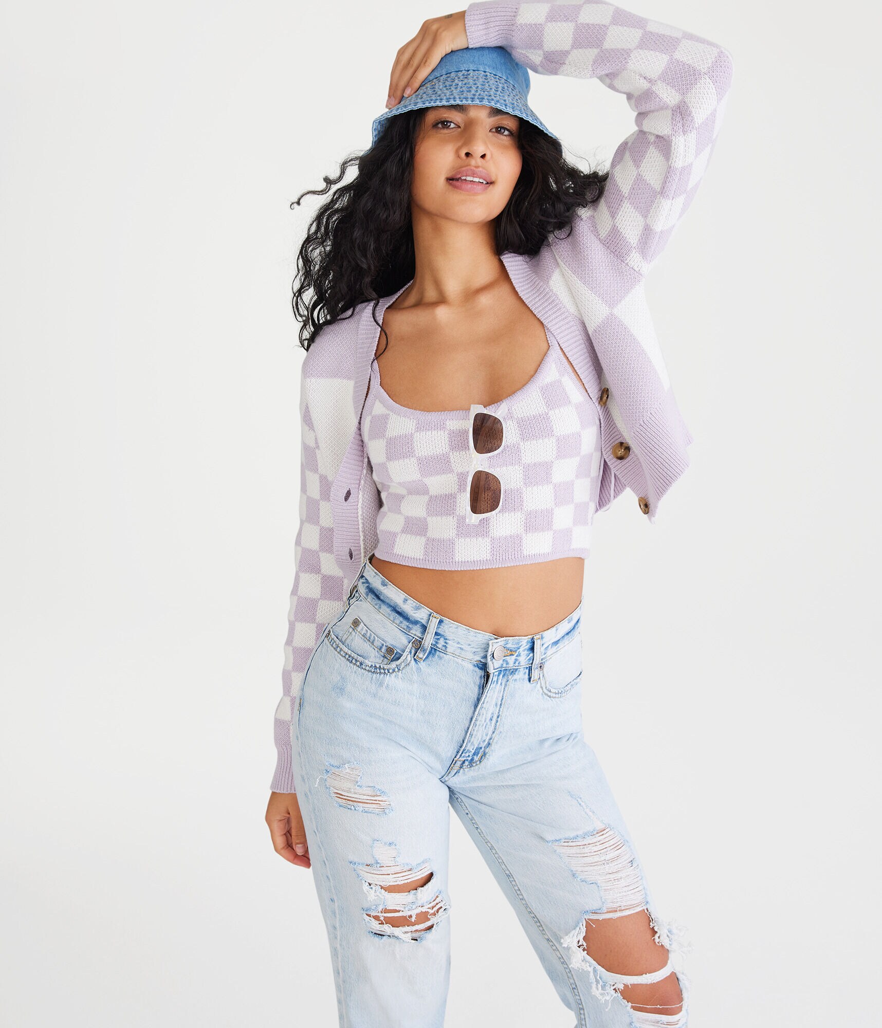 Checkered Cropped Cardigan