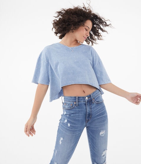 Denim Wash Sharkbite Cropped Crew Tee Denim Wash Sharkbite Cropped Crew Tee