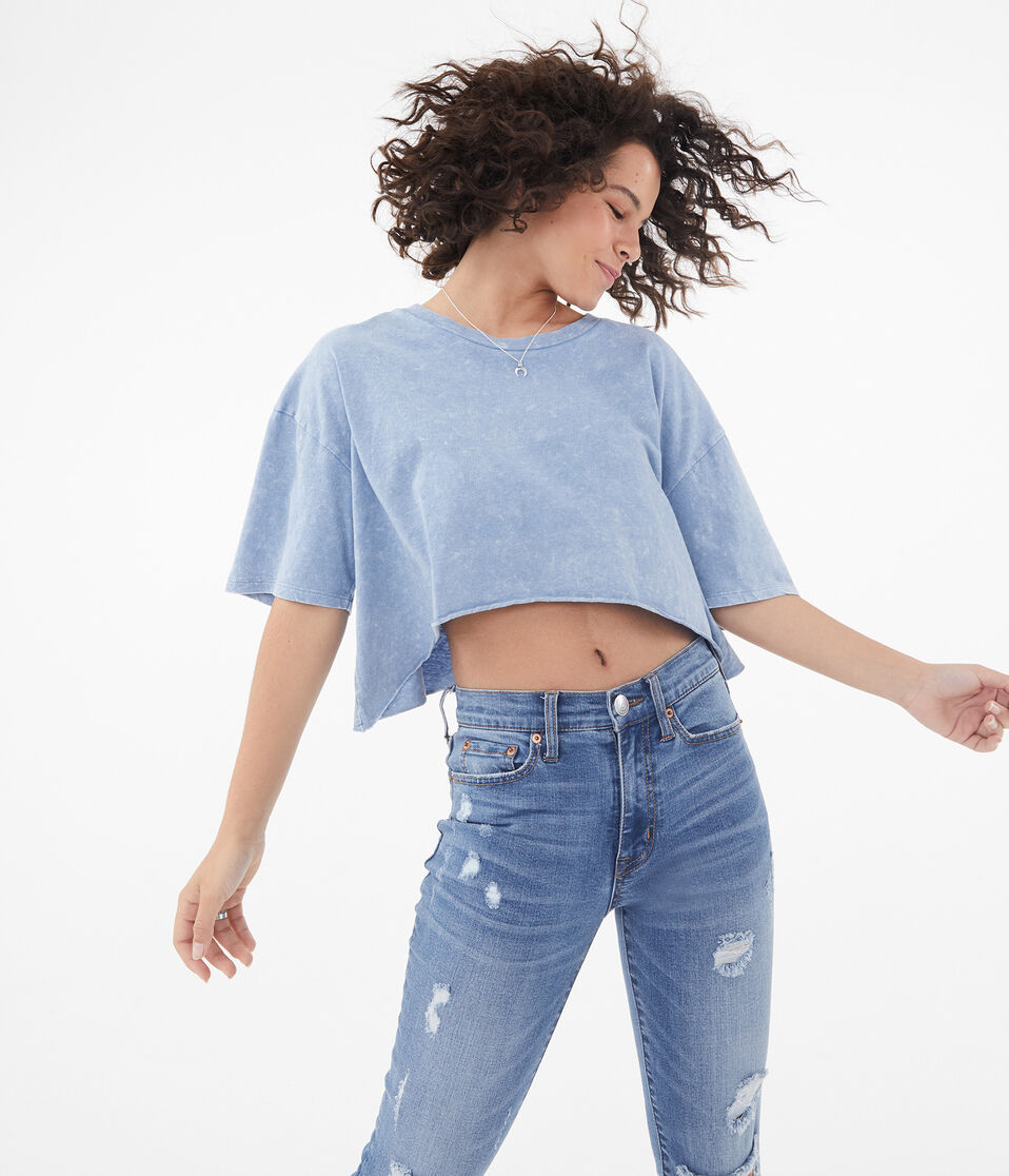 Denim Wash Sharkbite Cropped Crew Tee