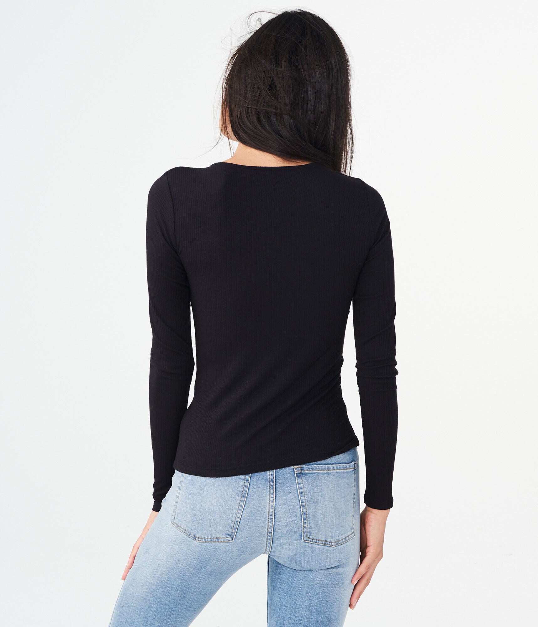 Long Sleeve Solid Lace-Up Ribbed Tee
