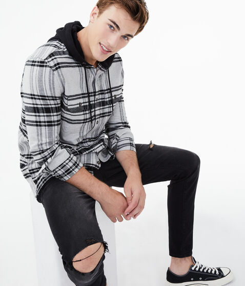 Long Sleeve Plaid Hooded Button-Down Shirt