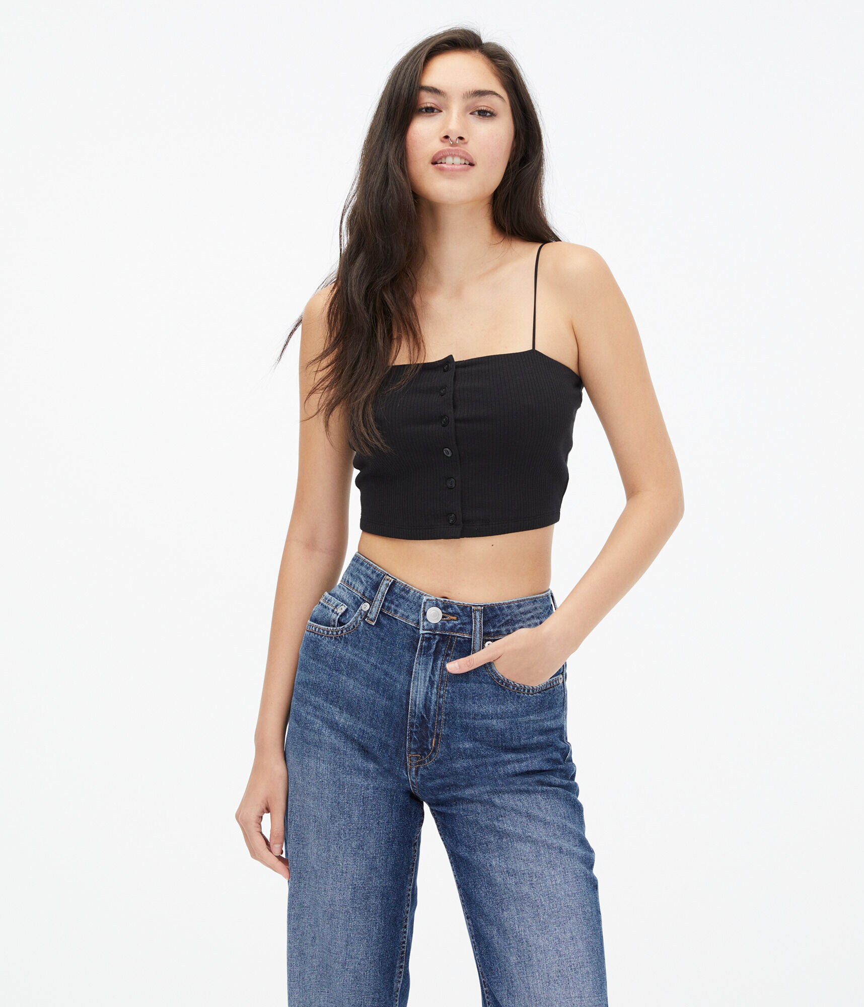 Seriously Soft Ribbed Button-Front Cropped Bungee Tank