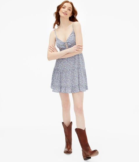 Floral V-Neck Keyhole A-Line Dress