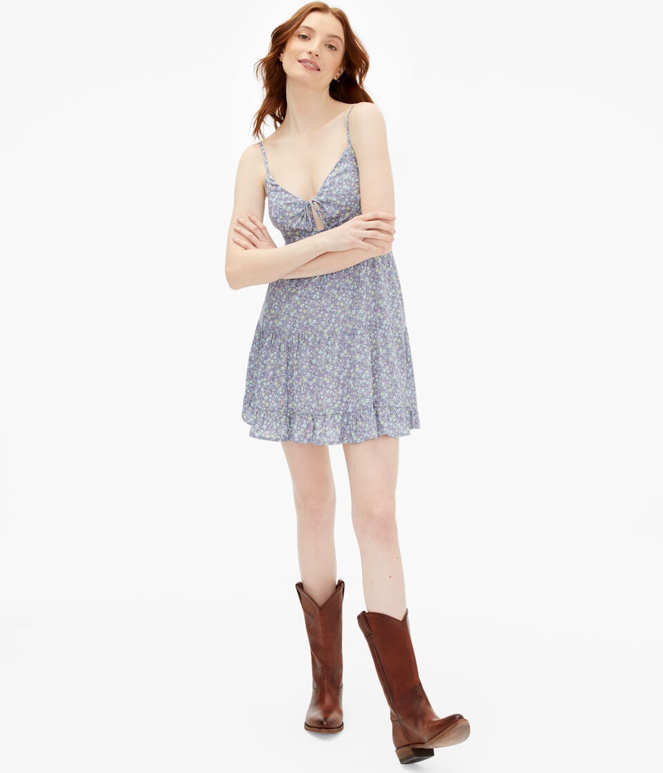 Floral V-Neck Keyhole A-Line Dress