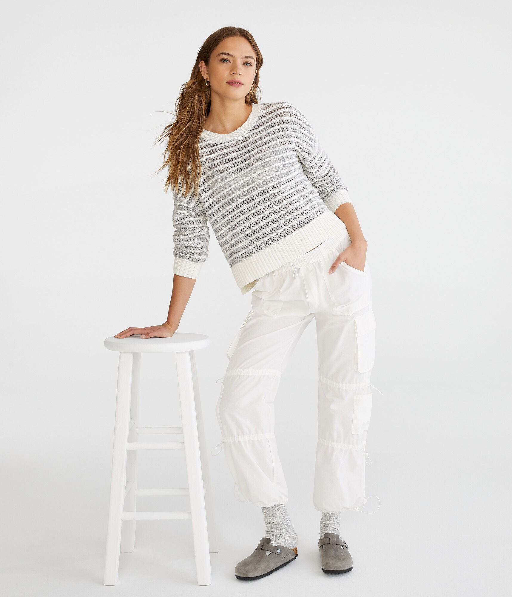 Striped Open Knit High-Low Crew Sweater