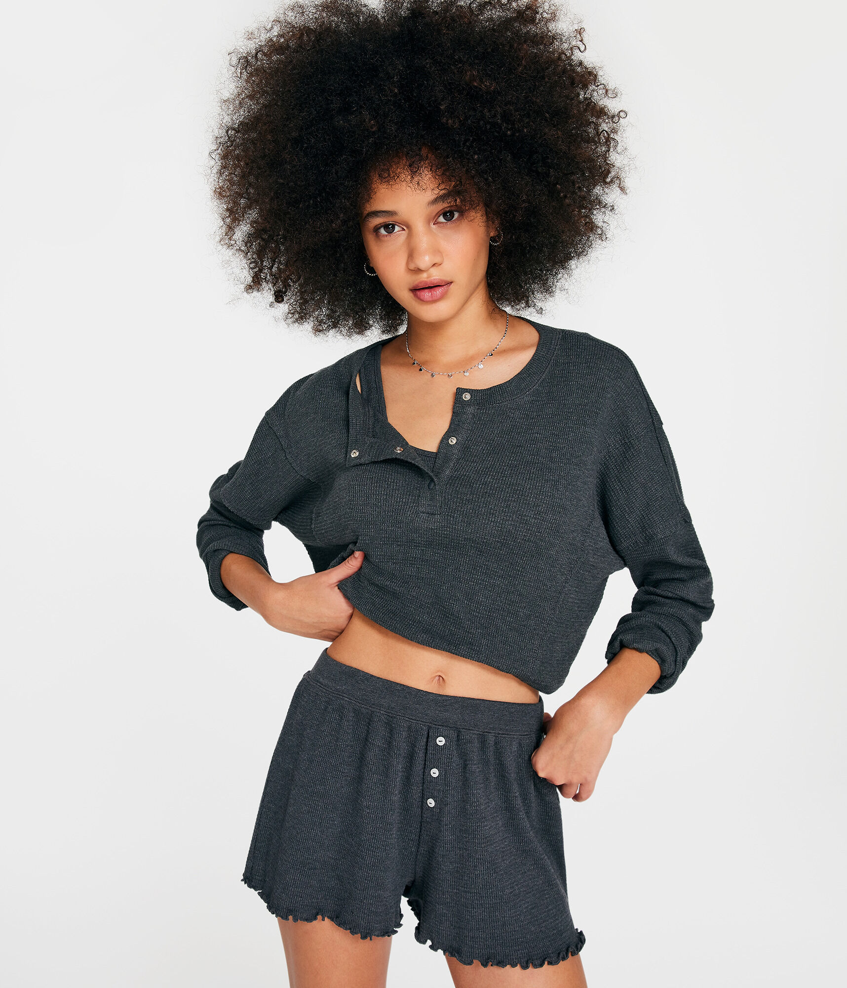 Long Sleeve Waffle-Knit Cropped Henley Tee