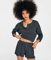 Long Sleeve Waffle-Knit Cropped Henley Tee