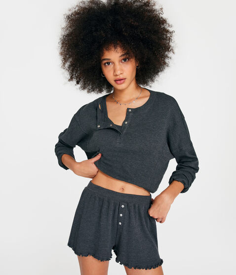 Long Sleeve Waffle-Knit Cropped Henley Tee