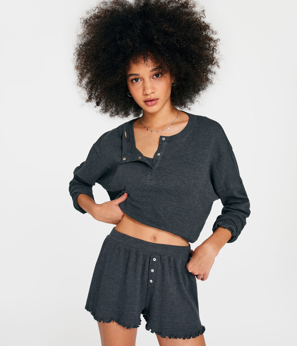 Long Sleeve Waffle-Knit Cropped Henley Tee