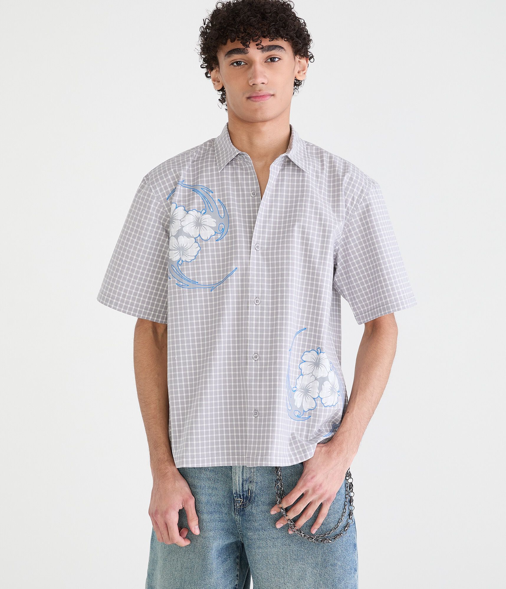 Floral Tattoo Microplaid Boxy Shirt